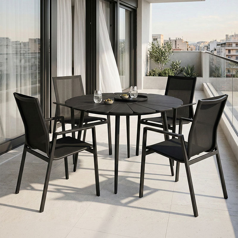Τραπεζαρία Pinap-Dashiell σετ 5τεμ  μαύρο αλουμίνιο και plywood σε μαύρη απόχρωση Φ110x74εκ - Pakobazaar