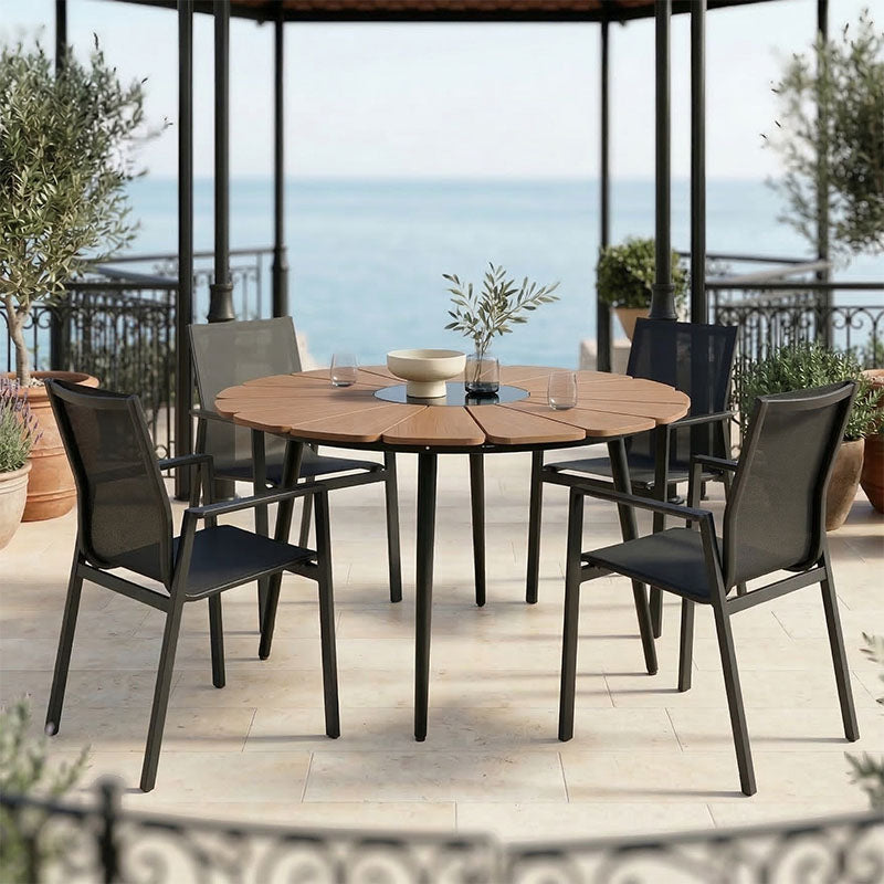 Τραπεζαρία Pinap-Dashiell σετ 5τεμ  μαύρο αλουμίνιο και plywood σε φυσική απόχρωση Φ110x74εκ - Pakobazaar