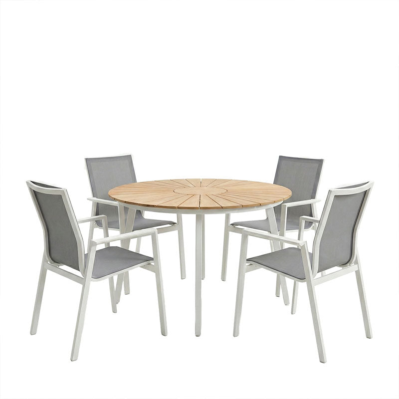 Τραπεζαρία Pinap-Dashiell σετ 5τεμ  λευκό αλουμίνιο και plywood σε φυσική απόχρωση Φ110x74εκ - Pakobazaar