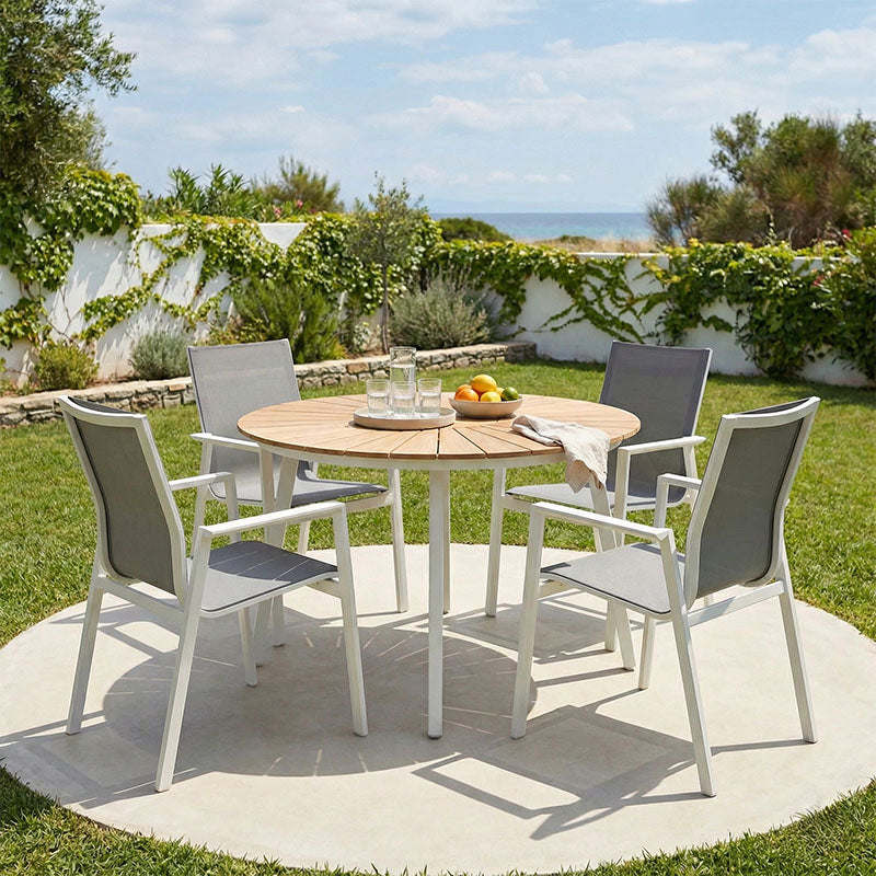 Τραπεζαρία Pinap-Dashiell σετ 5τεμ  λευκό αλουμίνιο και plywood σε φυσική απόχρωση Φ110x74εκ - Pakobazaar