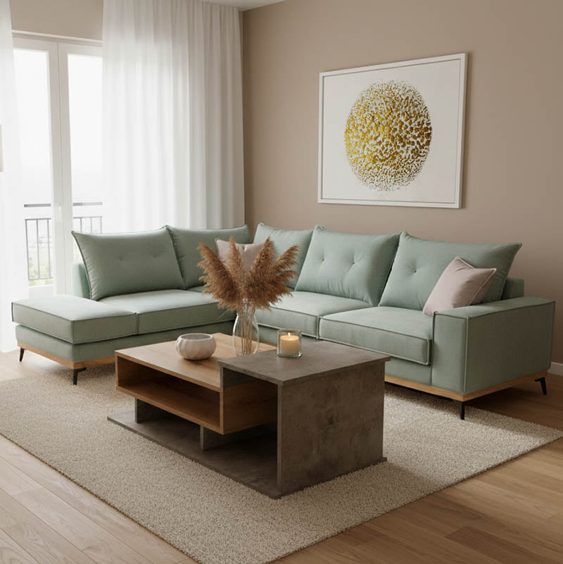Γωνιακός καναπές δεξιά γωνία Luxury II  ύφασμα ciel-cream 290x235x95εκ - Pakobazaar