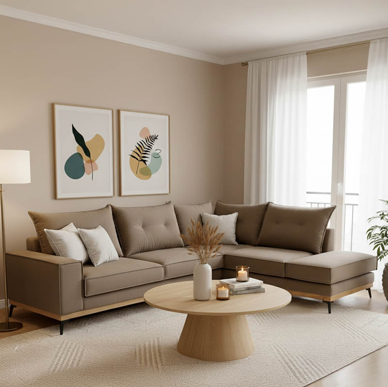 Γωνιακός καναπές αριστερή γωνία Luxury II  ύφασμα mocha-cream 290x235x95εκ - Pakobazaar