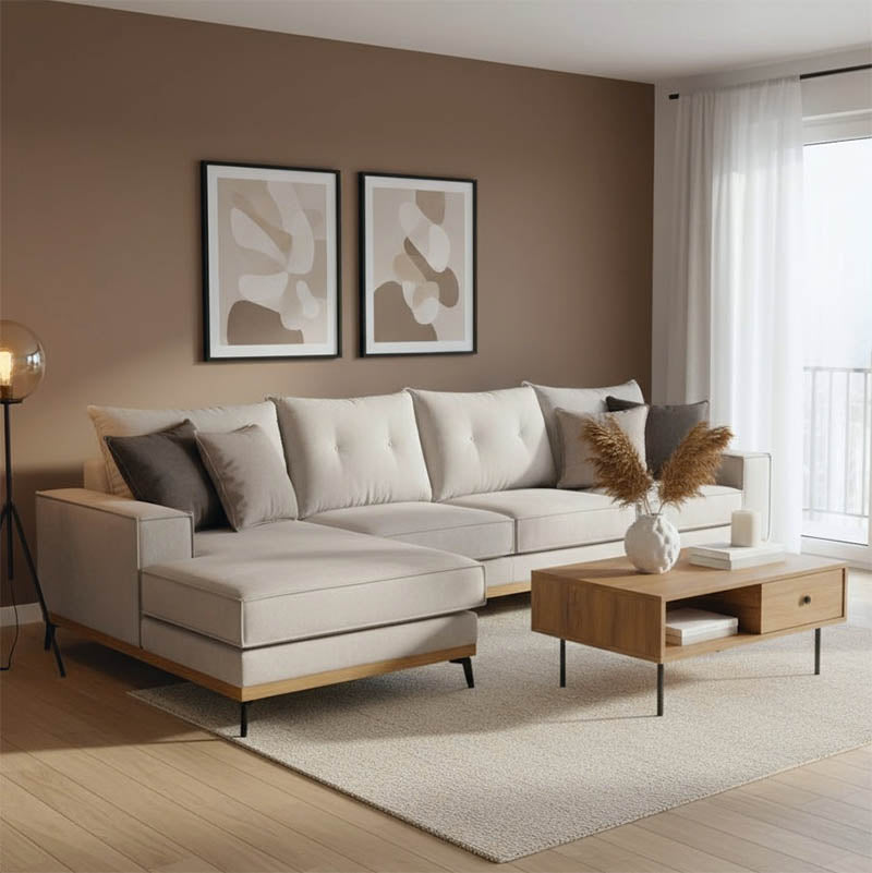 Γωνιακός καναπές δεξιά γωνία Luxury II  ύφασμα cream-mocha 290x235x95εκ - Pakobazaar