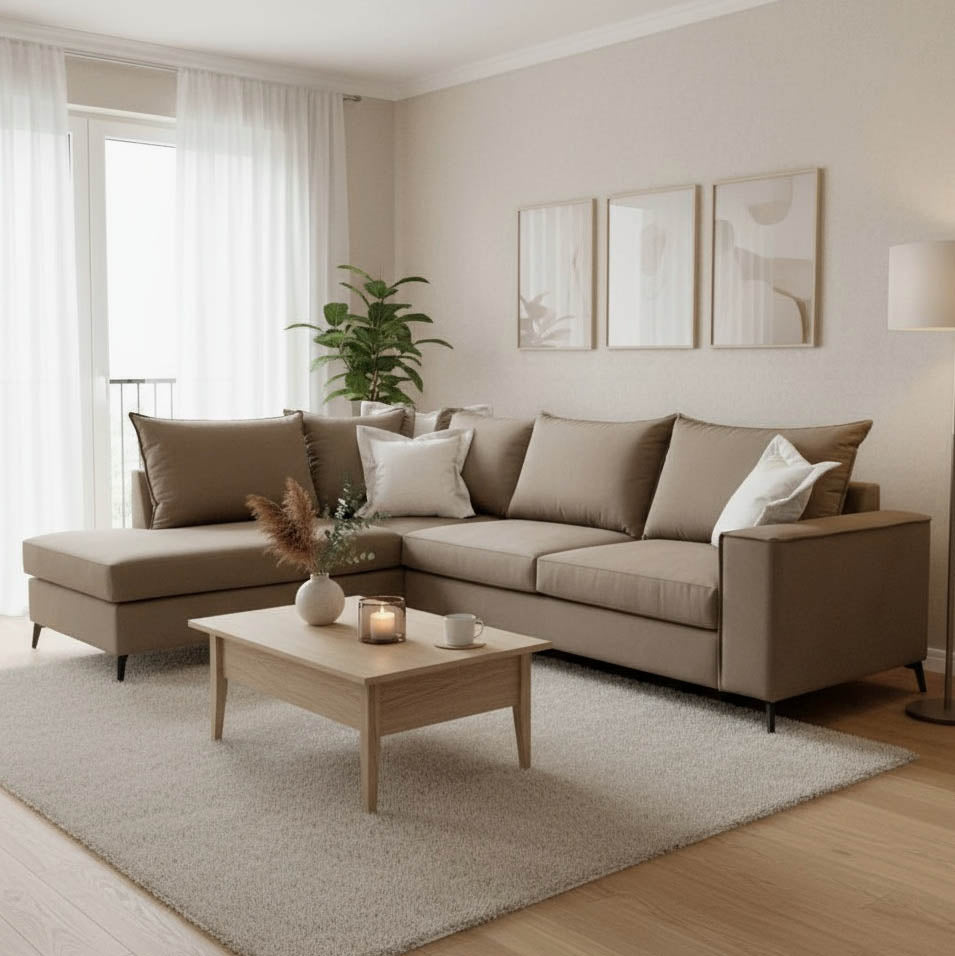 Γωνιακός καναπές δεξιά γωνία Romantic  ύφασμα mocha-cream 290x235x95εκ - Pakobazaar