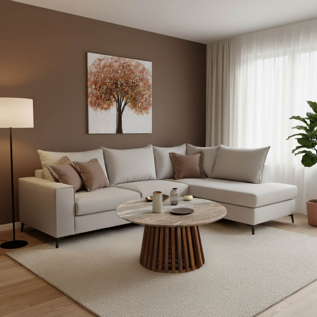 Γωνιακός καναπές αριστερή γωνία Romantic  ύφασμα cream-mocha 290x235x95εκ - Pakobazaar