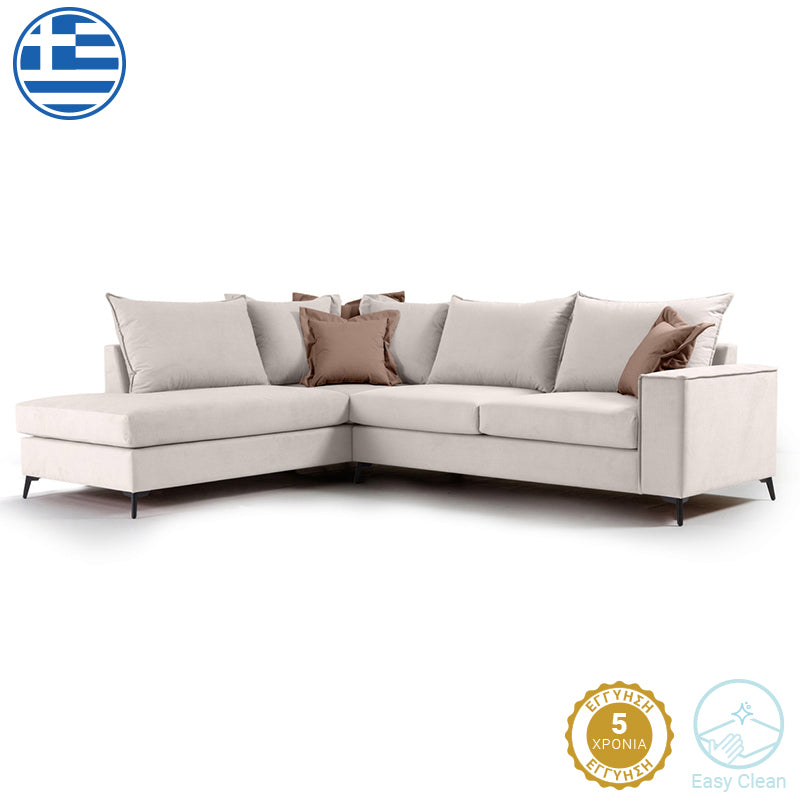 Γωνιακός καναπές δεξιά γωνία Romantic  ύφασμα cream-mocha 290x235x95εκ - Pakobazaar