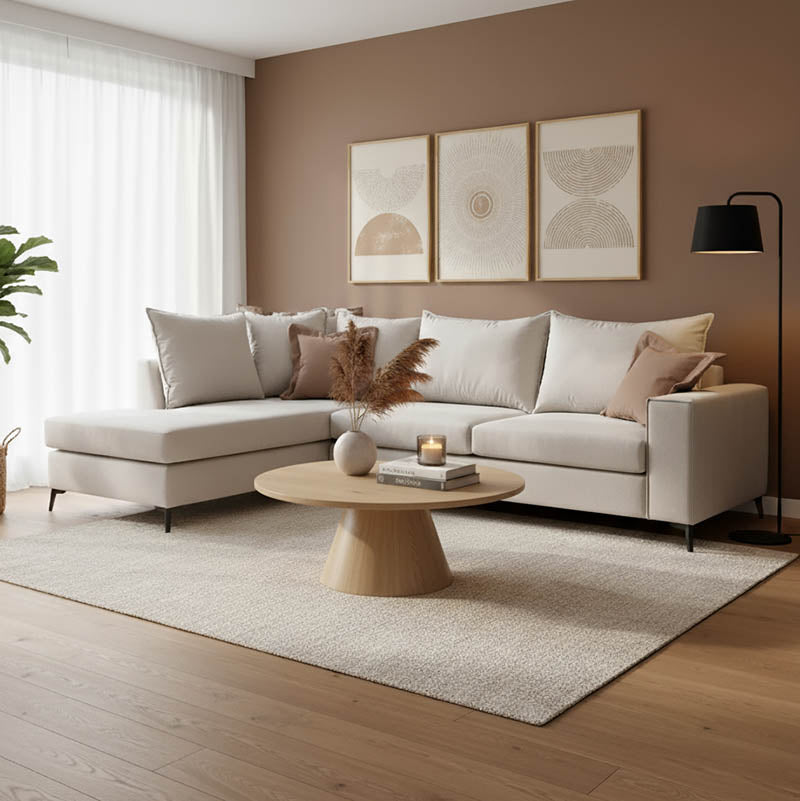Γωνιακός καναπές δεξιά γωνία Romantic  ύφασμα cream-mocha 290x235x95εκ - Pakobazaar