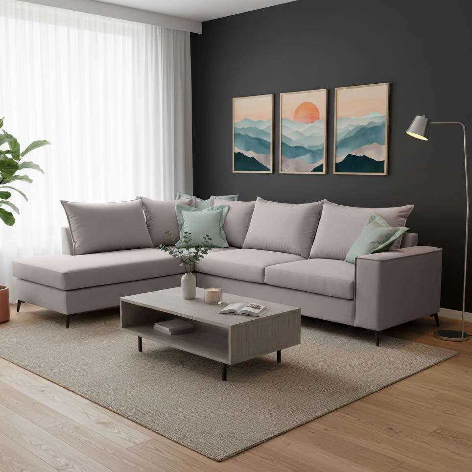 Γωνιακός καναπές δεξιά γωνία Romantic  ύφασμα elephant-ciel 290x235x95εκ - Image 2