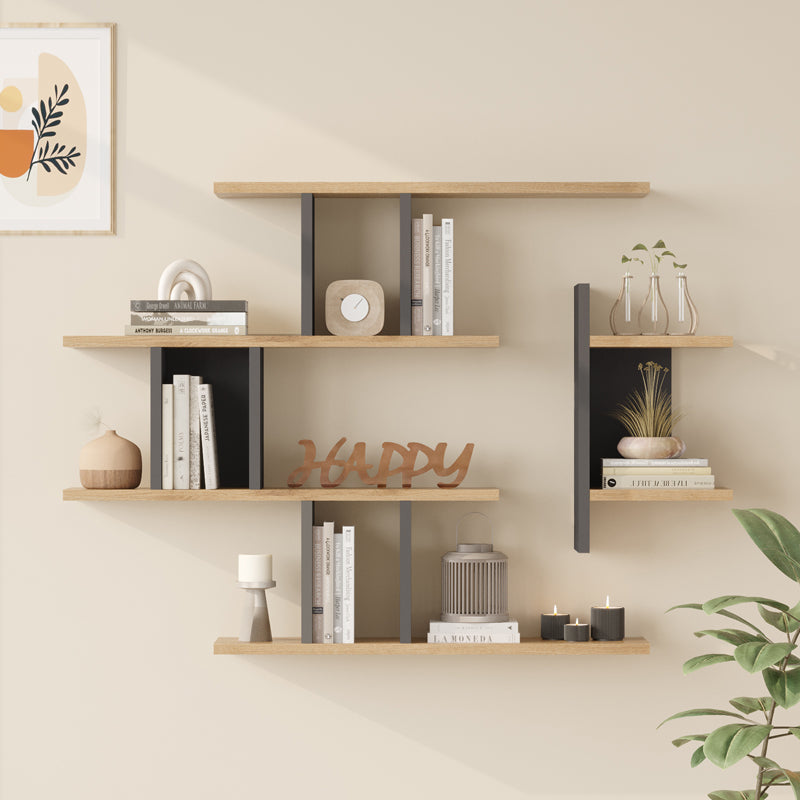 Ραφιέρα τοίχου Ledia  oak με ανθρακί 110,6x14,5x78εκ - Pakobazaar
