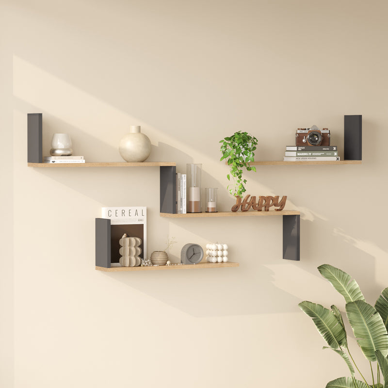 Ραφιέρα τοίχου Flear  oak με ανθρακί 179x14,5x76,2εκ - Pakobazaar
