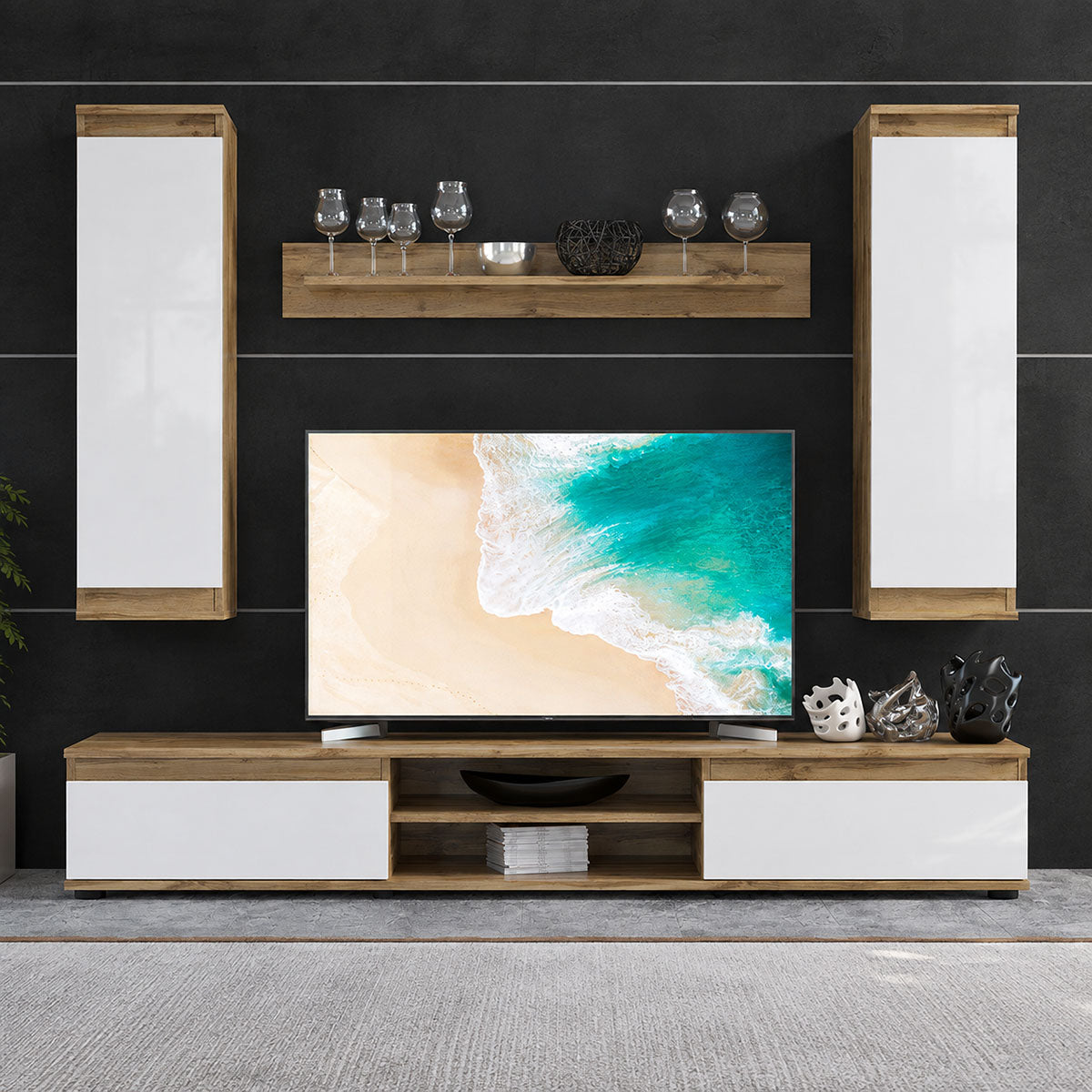 Σύνθετο σαλονιού Sandro  καρυδί-λευκό 175x37x160εκ - Pakobazaar