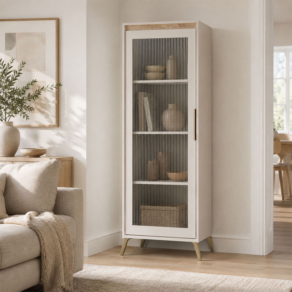 Βιτρίνα Belka  κρεμ με oak 55,6x45x152,6εκ