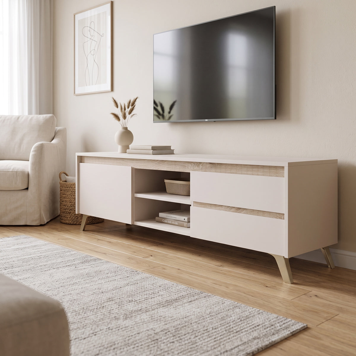 Έπιπλο τηλεόρασης Belka  κρεμ με oak 155x45x53,6εκ