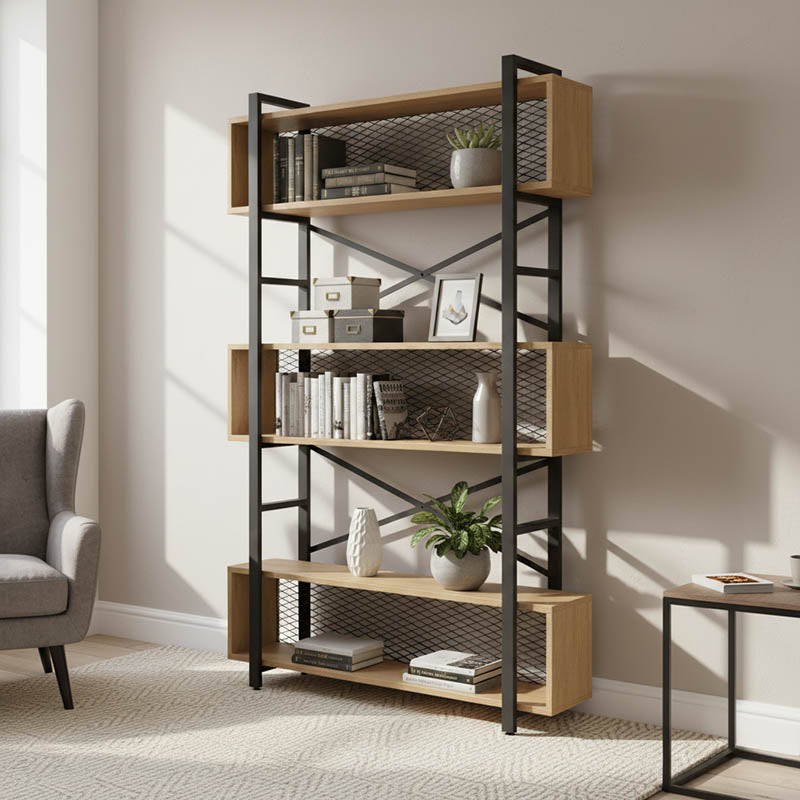 Βιβλιοθήκη Fifer  σε oak-μαύρη απόχρωση 120x28x185εκ - Pakobazaar