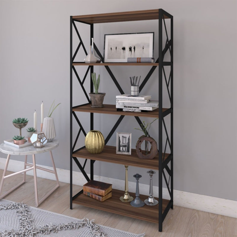 Βιβλιοθήκη Bimblem  καρυδί με μαύρο μέταλλο 60x30x150εκ - Pakobazaar