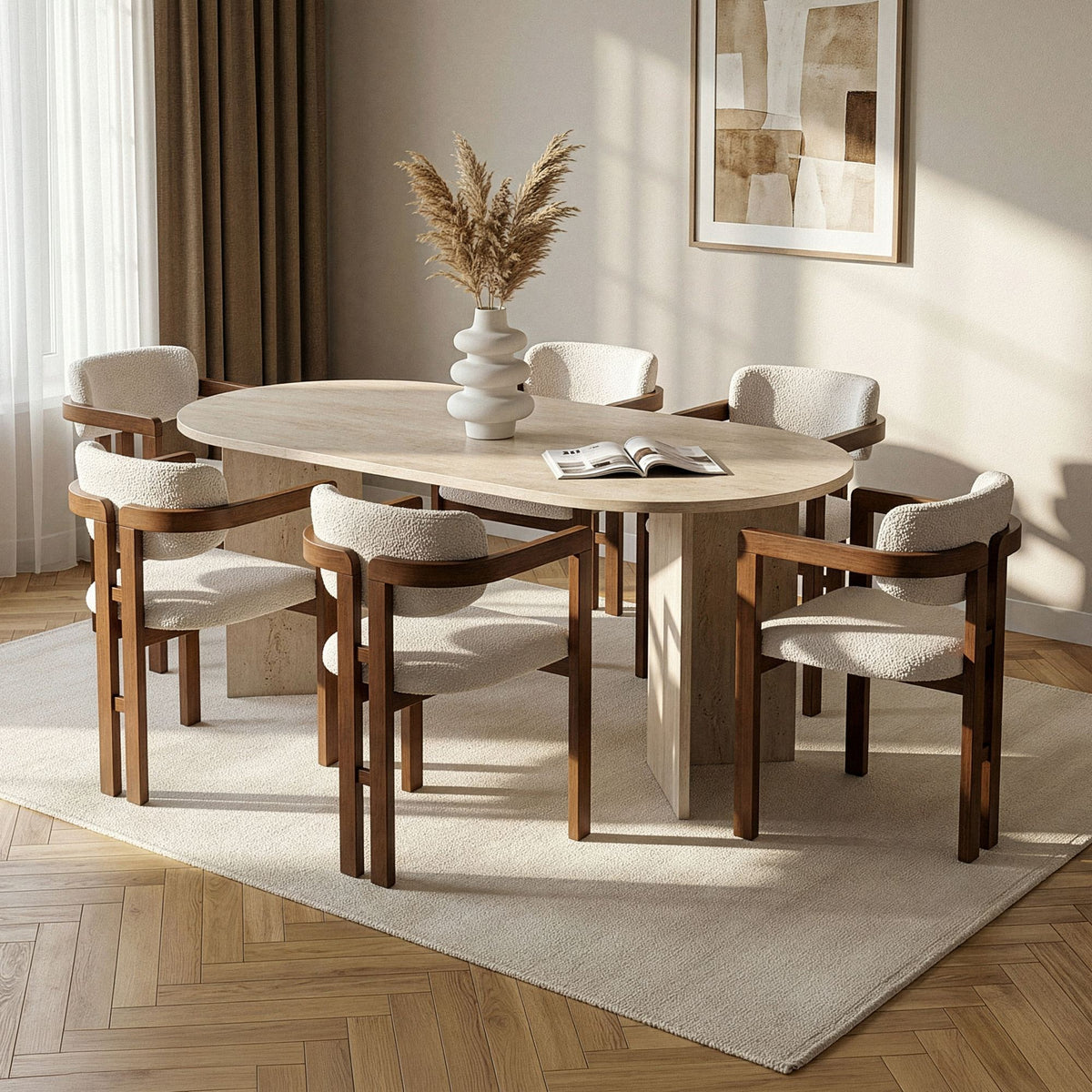 Σετ Τραπεζαρίας 7τμχ Kalymnos Travertine - Καρυδί - Λευκό 180x90x75 εκ.