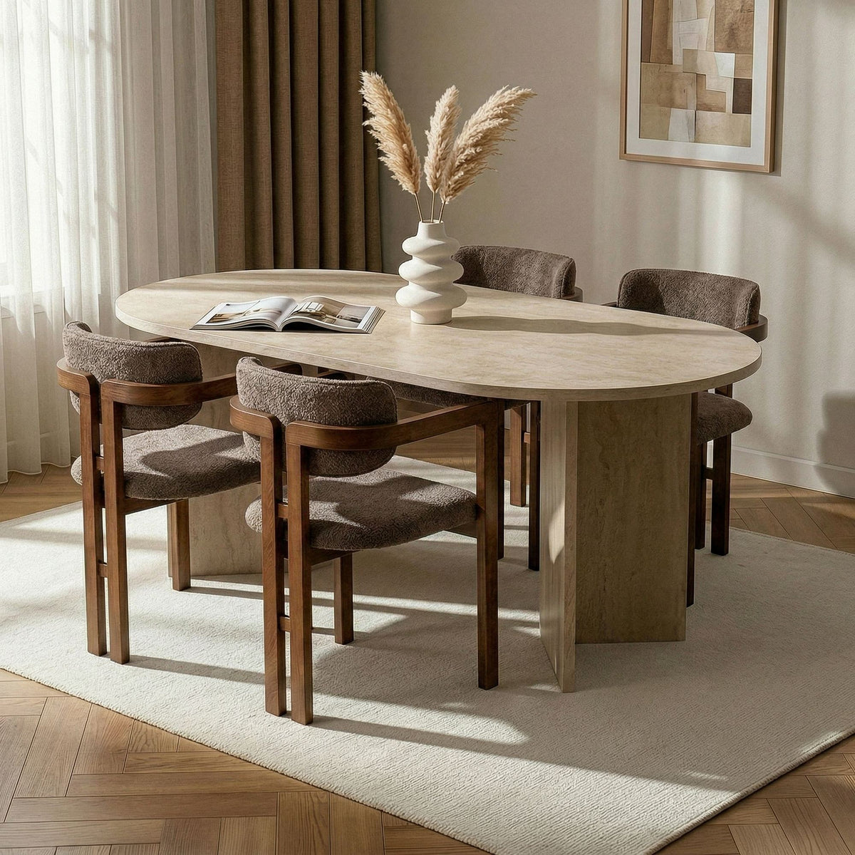 Σετ Τραπεζαρίας 5τμχ Arki Travertine - Καρυδί - Καφέ 180x90x75 εκ.
