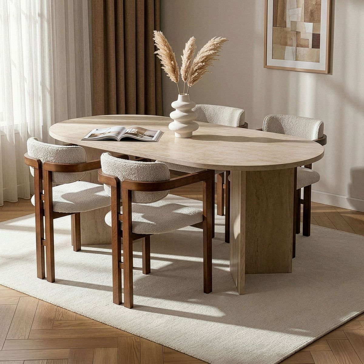 Σετ Τραπεζαρίας 5τμχ Arki Travertine - Καρυδί - Λευκό 180x90x75 εκ.