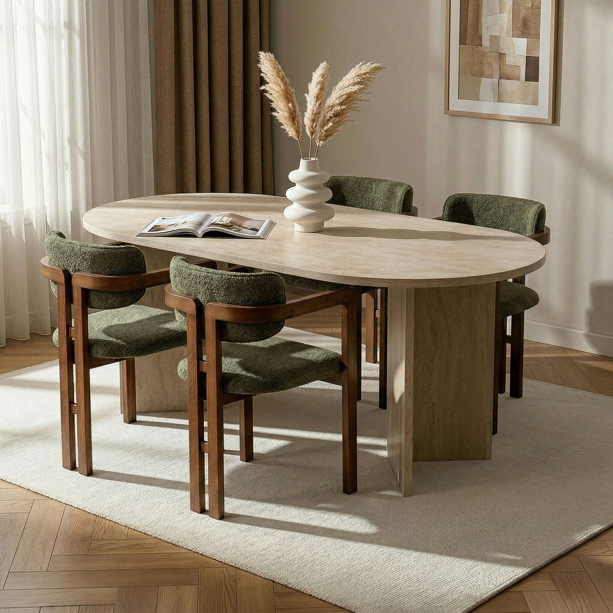 Σετ Τραπεζαρίας 5τμχ Arki Travertine - Καρυδί - Πράσινο 180x90x75 εκ.