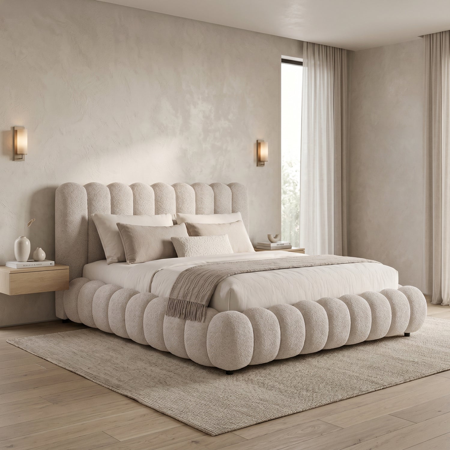 ΚΡΕΒΑΤΙ ΥΠΕΡΔΙΠΛΟ BUBBLE SM758.03 ΜΠΕΖ CHENILLE ΥΦΑΣΜΑ ΓΙΑ ΣΤΡΩΜΑ 180x200εκ
