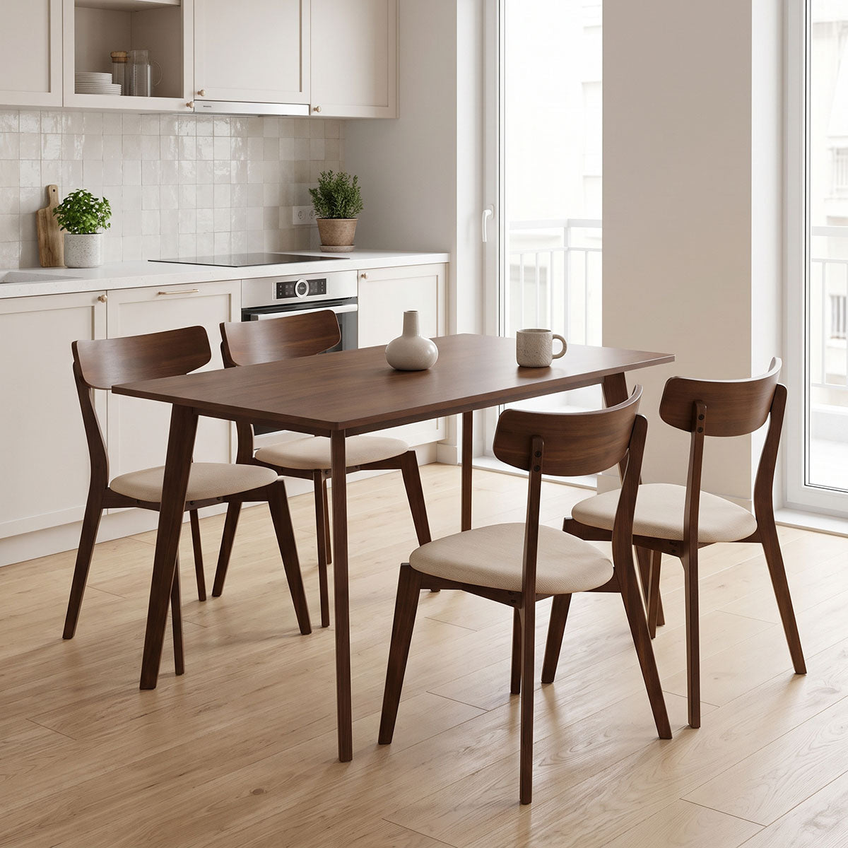 Tραπεζαρία Benson - Toto  σετ 5τμχ καρυδί - ύφασμα μπεζ 120x75x75εκ - Pakobazaar