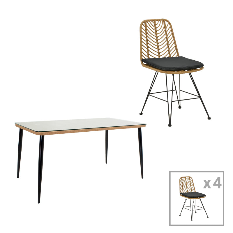 Τραπεζαρία Naoki E  σετ 5 τμχ rattan φυσικό-μαύρο μέταλλο-γυαλί 160x90x78εκ - Image 1