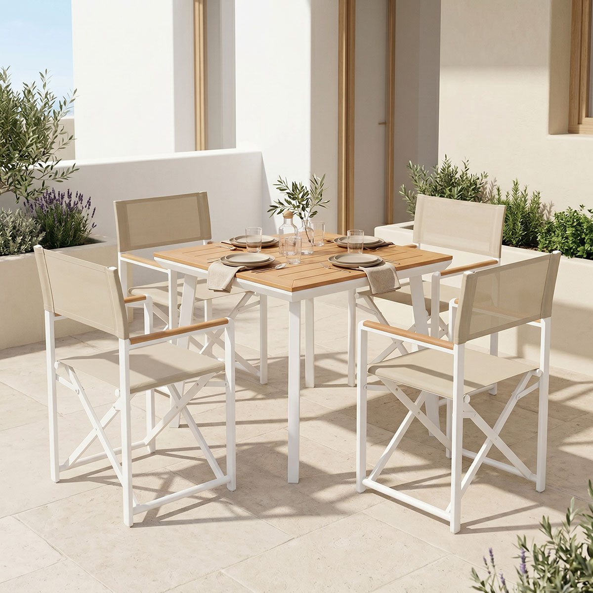 Τραπεζαρία Mabu-Synergy σετ 5τεμ  λευκό αλουμίνιο και plywood σε φυσικό χρώμα 80x80x74εκ - Pakobazaar