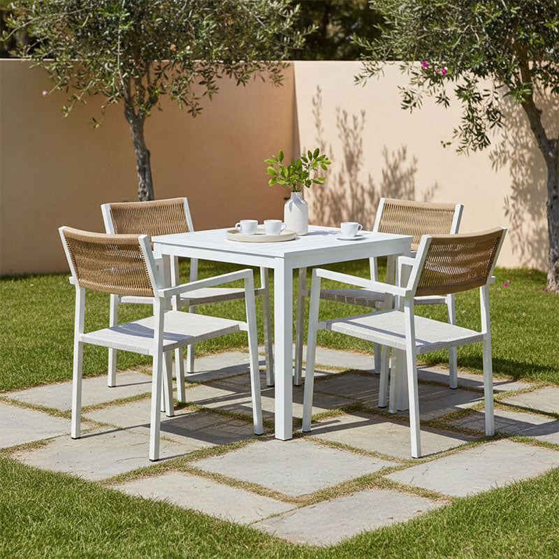 Τραπεζαρία Savor-Kliton σετ 5τεμ  λευκό αλουμίνιο και rattan σε φυσικό χρώμα 80x80x74εκ - Pakobazaar