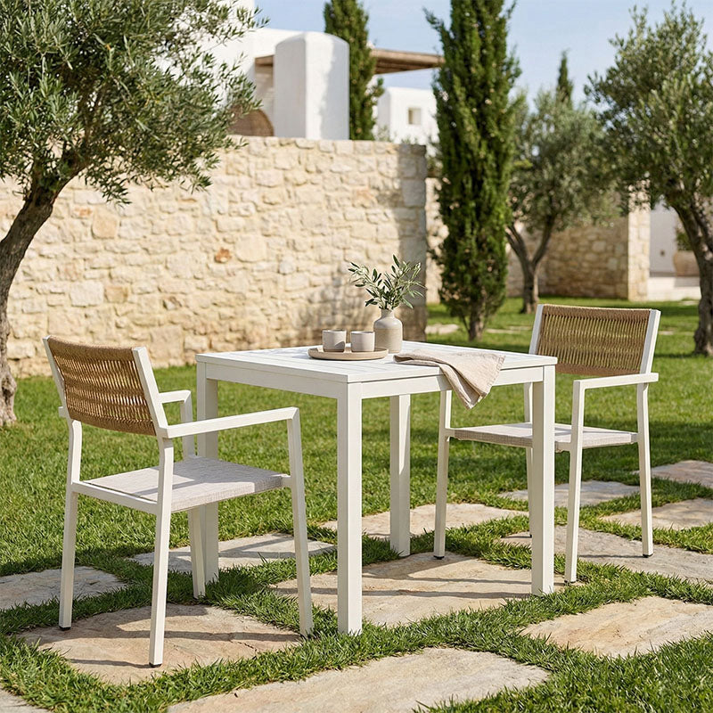 Τραπεζαρία Savor-Kliton σετ 3τεμ  λευκό αλουμίνιο και rattan σε φυσικό χρώμα 80x80x74εκ