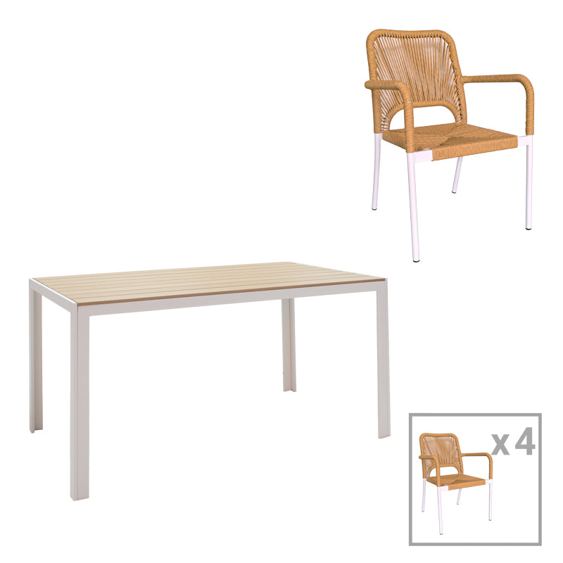 Τραπεζαρία Nares-Norture A σετ 5τεμ  λευκό αλουμίνιο και plywood σε φυσική απόχρωση 140x80x72.5εκ - Pakobazaar