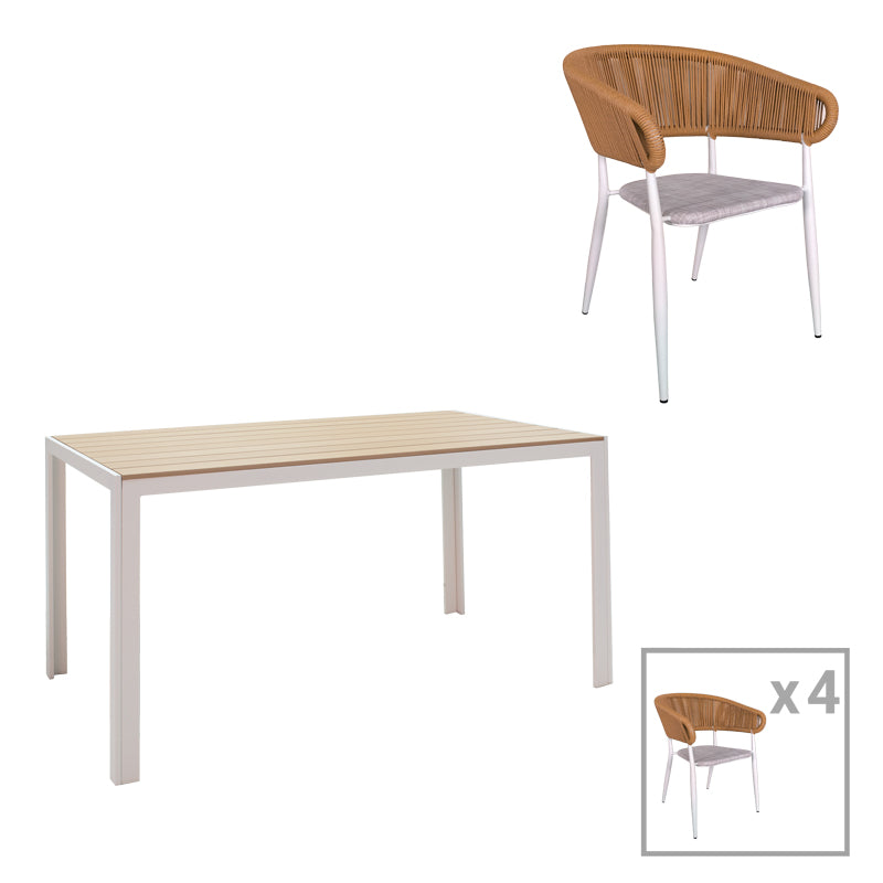 Τραπεζαρία Nares-Raven A σετ 5τεμ  λευκό αλουμίνιο και plywood σε φυσική απόχρωση 140x80x72.5εκ - Pakobazaar