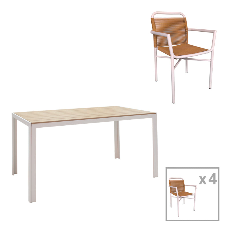 Τραπεζαρία Nares-Clutch A σετ 5τεμ  λευκό αλουμίνιο και plywood σε φυσική απόχρωση 140x80x72.5εκ - Pakobazaar
