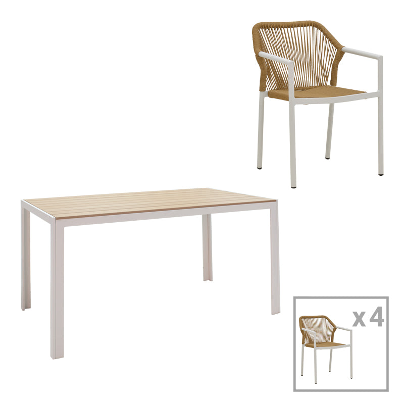 Τραπεζαρία Nares-Lush A σετ 5τεμ  λευκό αλουμίνιο και plywood σε φυσική απόχρωση 140x80x72.5εκ - Pakobazaar
