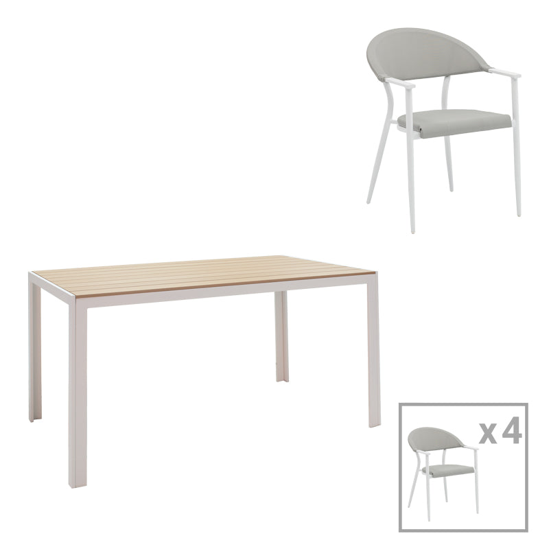 Τραπεζαρία Nares-Pino A σετ 5τεμ  λευκό αλουμίνιο και plywood σε φυσική απόχρωση 140x80x72.5εκ - Pakobazaar