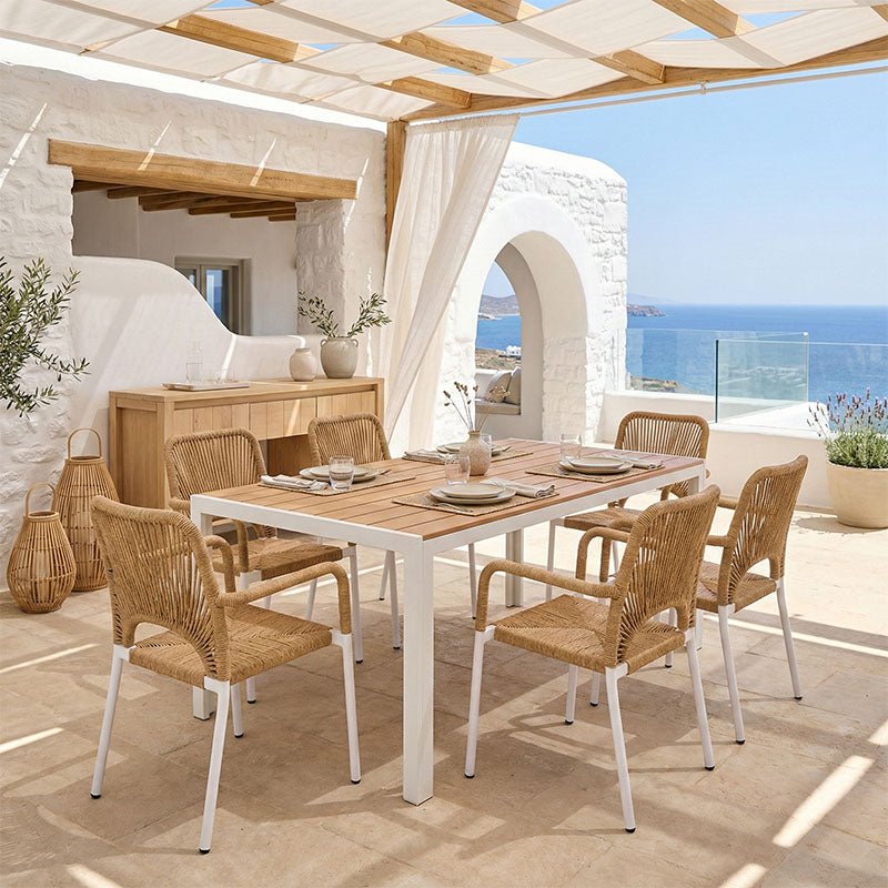 Τραπεζαρία Nares-Norture B σετ 7τεμ  λευκό αλουμίνιο και plywood σε φυσική απόχρωση 180x90x72.5εκ - Pakobazaar