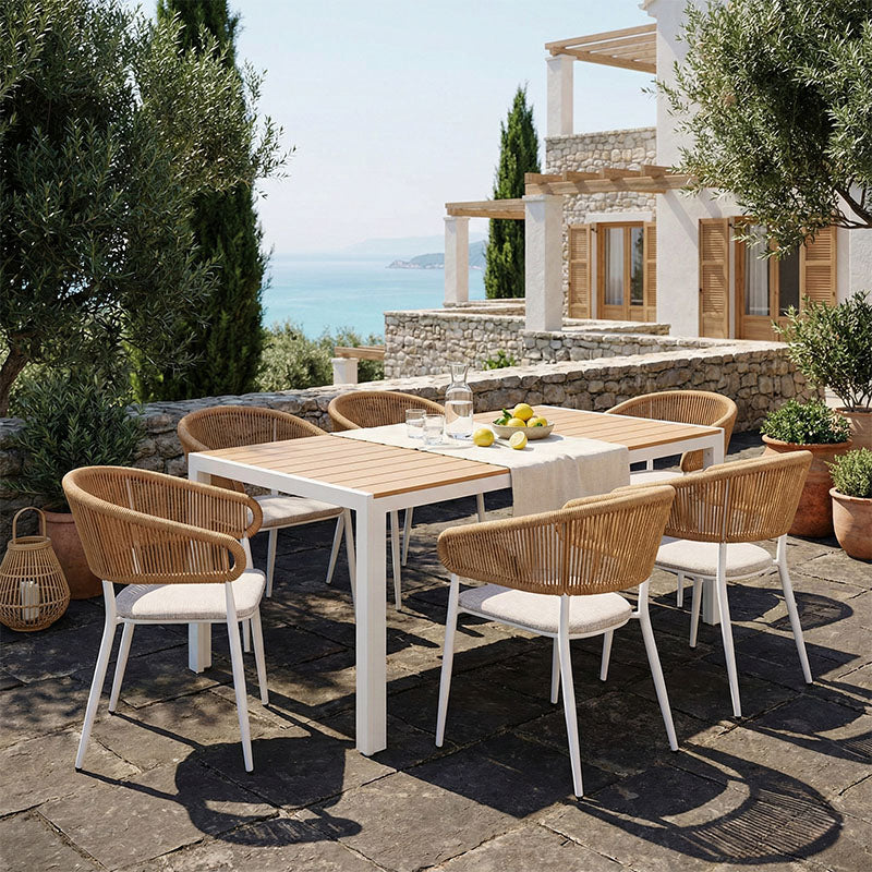 Τραπεζαρία Nares-Raven B σετ 7τεμ  λευκό αλουμίνιο και plywood σε φυσική απόχρωση 180x90x72.5εκ - Pakobazaar