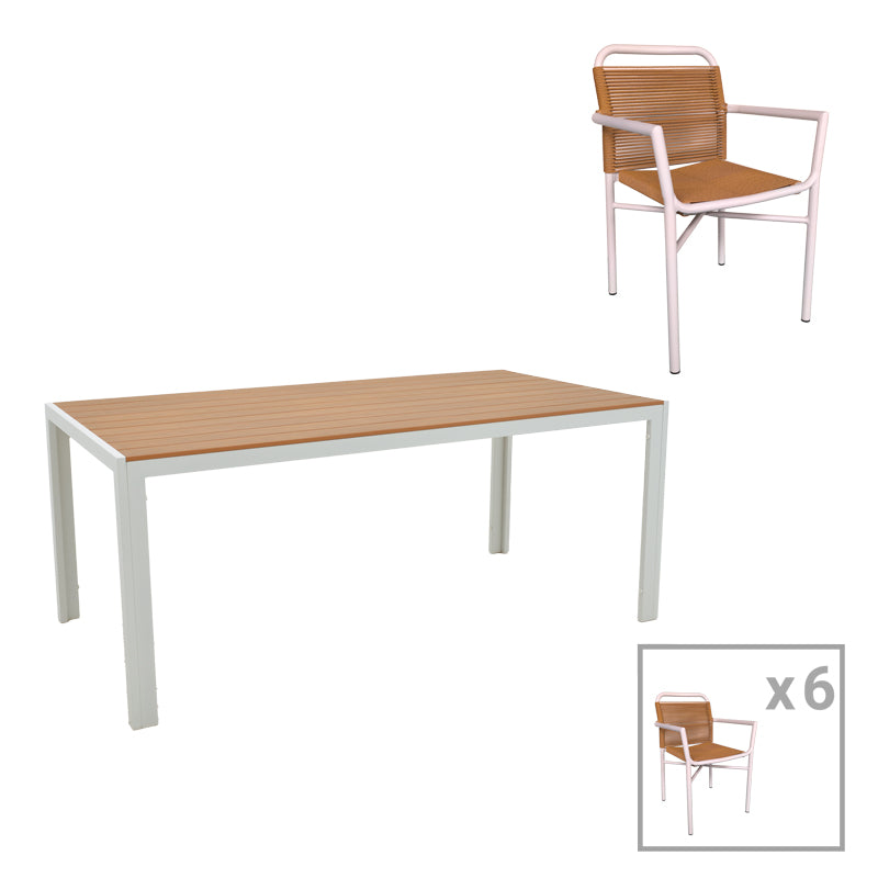 Τραπεζαρία Nares-Clutch B σετ 7τεμ  λευκό αλουμίνιο και plywood σε φυσική απόχρωση 180x90x72.5εκ - Pakobazaar