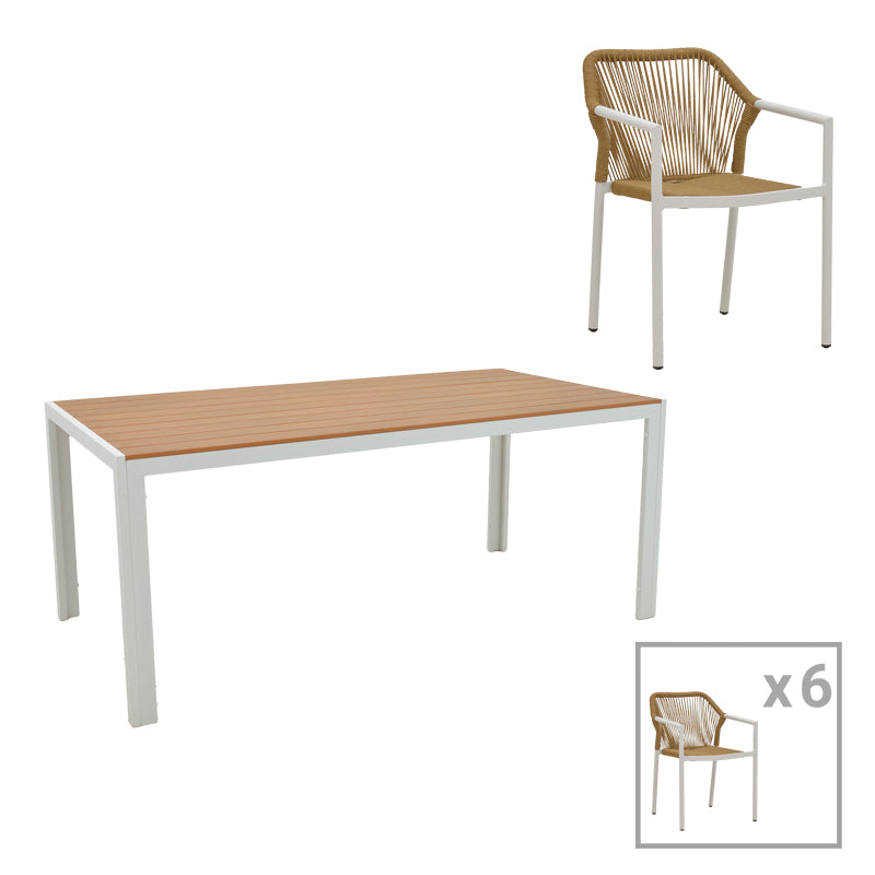 Τραπεζαρία Nares-Lush B σετ 7τεμ  λευκό αλουμίνιο και plywood σε φυσική απόχρωση 180x90x72.5εκ - Pakobazaar