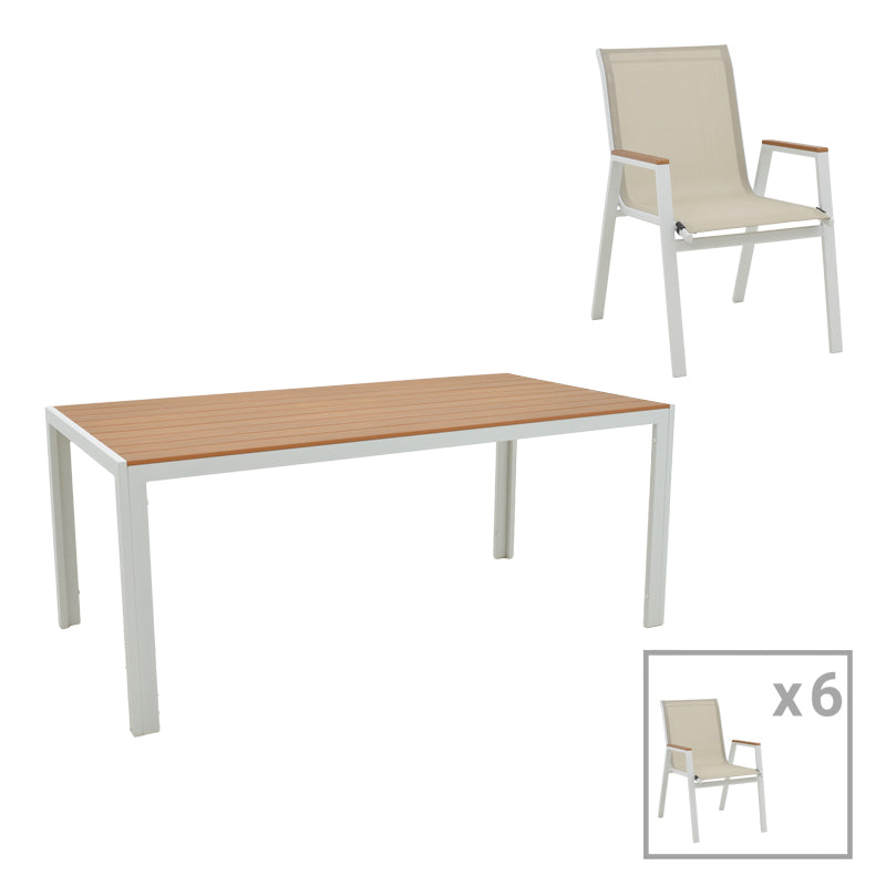 Τραπεζαρία Nares-Azelie B σετ 7τεμ  λευκό αλουμίνιο και plywood σε φυσική απόχρωση 180x90x72.5εκ - Pakobazaar