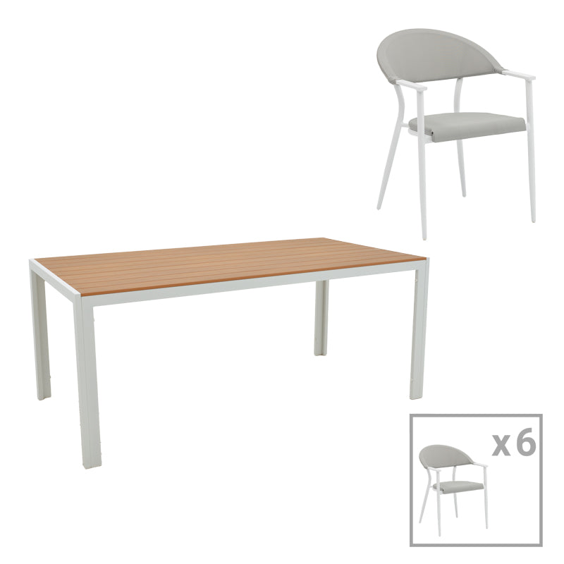 Τραπεζαρία Nares-Pino B σετ 7τεμ  λευκό αλουμίνιο και plywood σε φυσική απόχρωση 180x90x72.5εκ - Pakobazaar