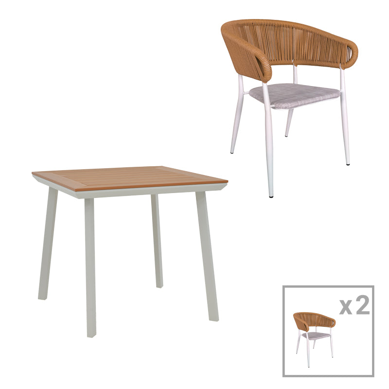 Τραπεζαρία Synergy-Raven σετ 3τεμ  λευκό αλουμίνιο και plywood σε φυσικό χρώμα 80x80x74εκ - Pakobazaar