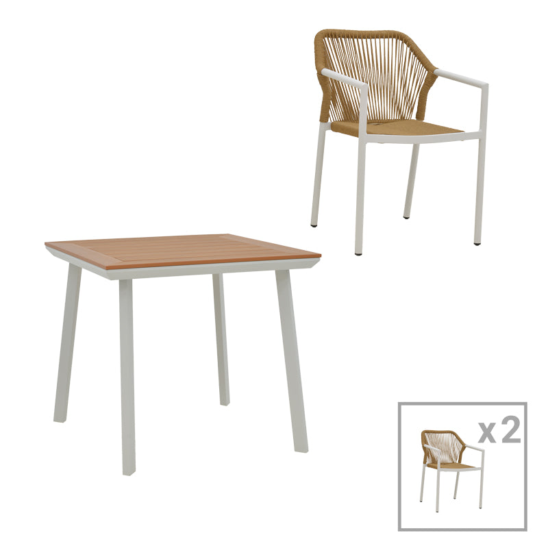 Τραπεζαρία Synergy-Lush σετ 3τεμ  λευκό αλουμίνιο και plywood σε φυσικό χρώμα 80x80x74εκ - Pakobazaar