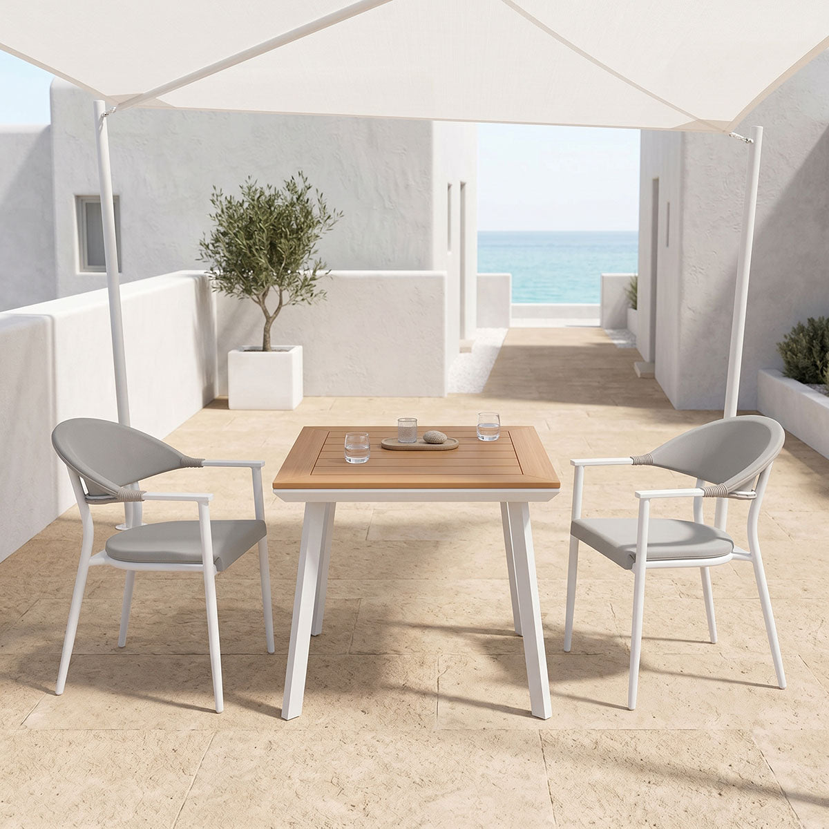Τραπεζαρία Synergy-Pino σετ 3τεμ  λευκό αλουμίνιο και plywood σε φυσικό χρώμα 80x80x74εκ - Pakobazaar