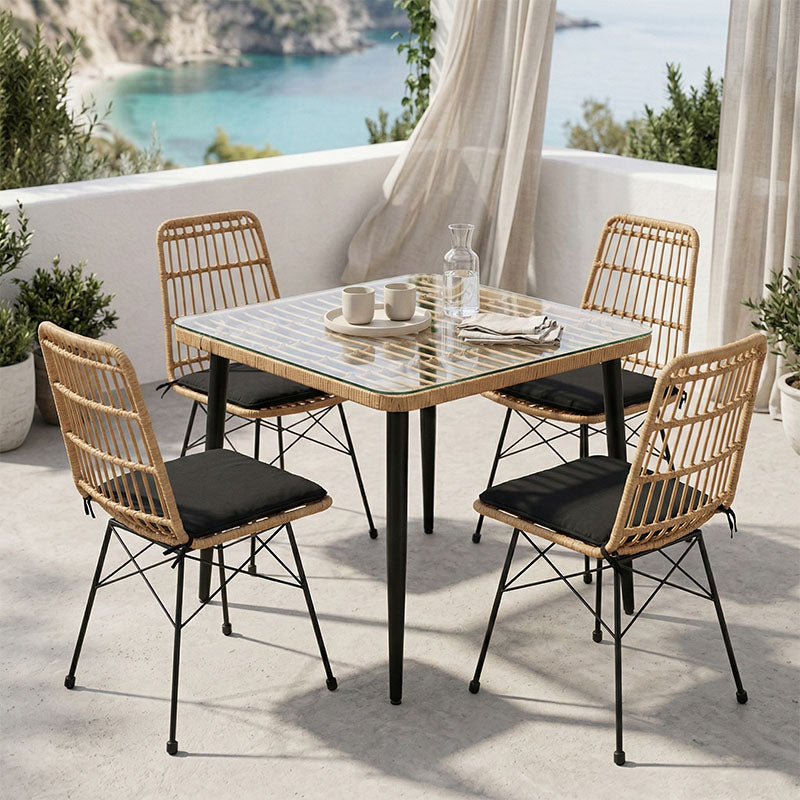 Τραπεζαρία Naoki U σετ 5τεμ  rattan pe σε φυσική απόχρωση και μαύρο μέταλλο 80x80x78εκ - Pakobazaar