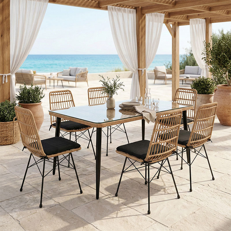 Τραπεζαρία Naoki U σετ 7τεμ  rattan pe σε φυσική απόχρωση και μαύρο μέταλλο 160x90x78εκ - Pakobazaar