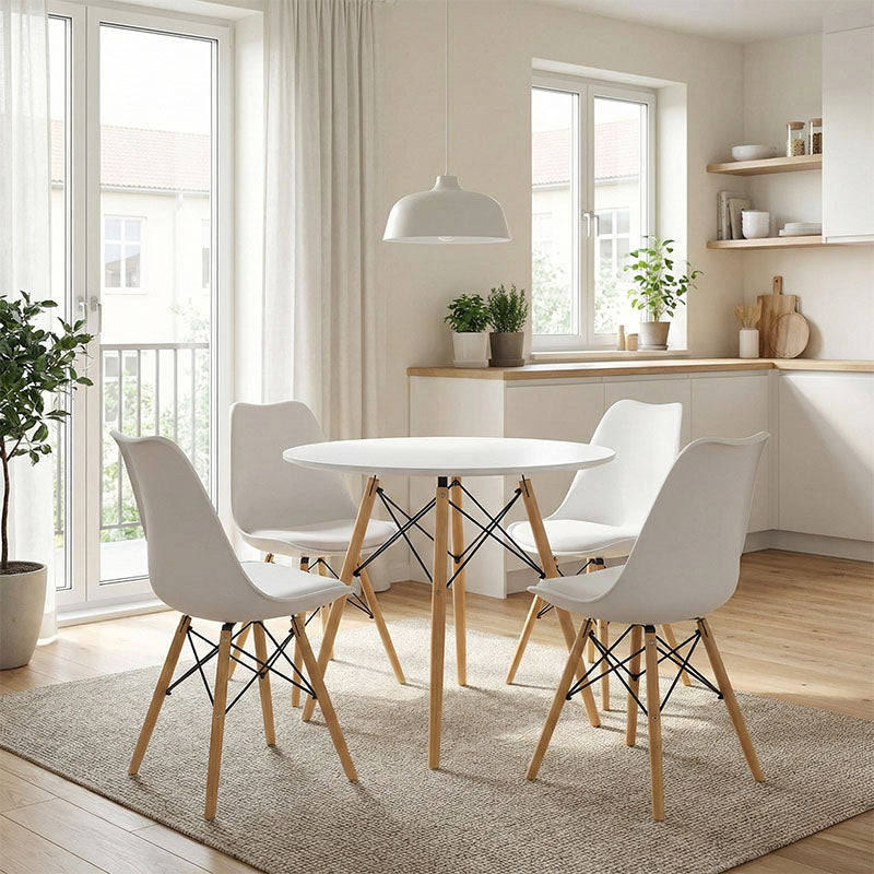 Τραπεζαρία Julita σετ 5τεμ  MDF και ξύλο οξιάς σε λευκή-φυσική απόχρωση Φ80x73εκ - Image 1