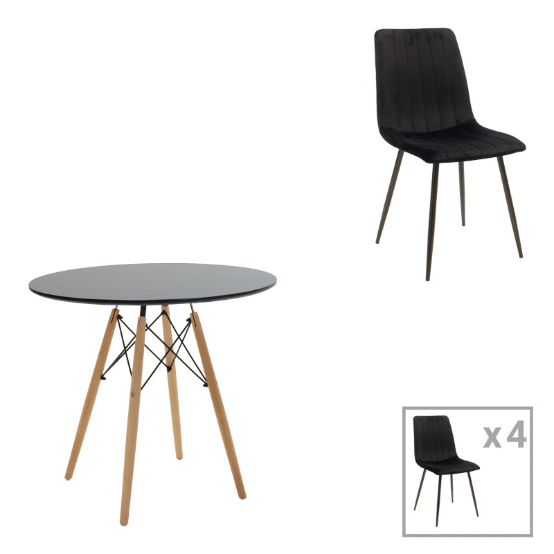 Τραπεζαρία Julita-Noor  σετ 5τεμ MDF μαύρο-πόδια φυσικό Φ80x73εκ - Pakobazaar