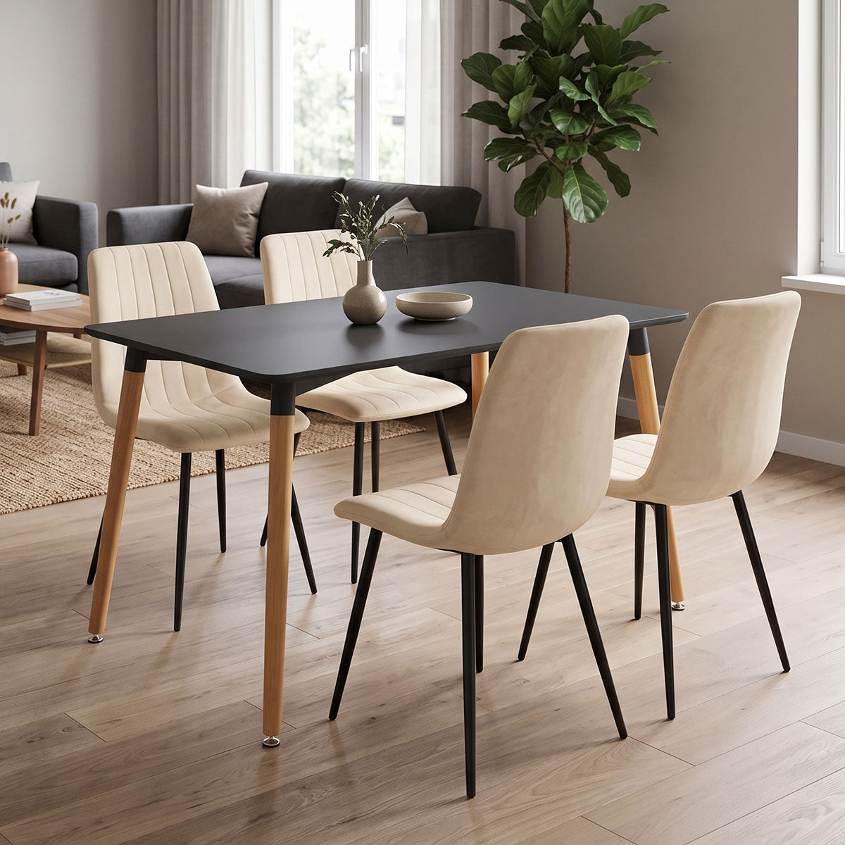 Τραπεζαρία Natali-Noor  σετ 5τεμ MDF λευκό-μπεζ-μαύρο 120x80x76εκ - Pakobazaar