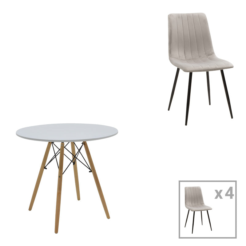 Τραπεζαρία Julita-Noor  σετ 5τεμ MDF λευκό-γκρι-πόδια φυσικό Φ80x73εκ - Pakobazaar