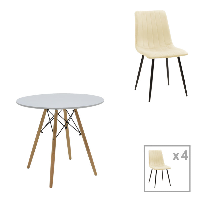 Τραπεζαρία Julita-Noor  σετ 5τεμ MDF λευκό-μπεζ ύφασμα Φ80x73εκ - Pakobazaar